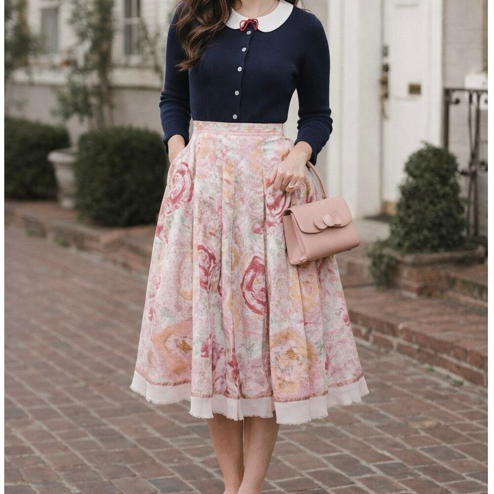 Y2K Anthropologie Odille Pink Rose Print Cotton A-Line Pleated Midi Skirt Size 2